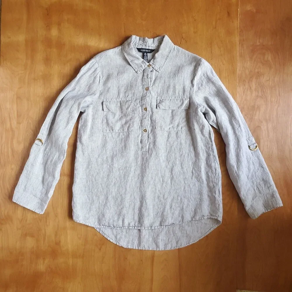 Ellen Tracy 100% Linen Popover Top Womens M Adjustable Sleeve Thin Striped